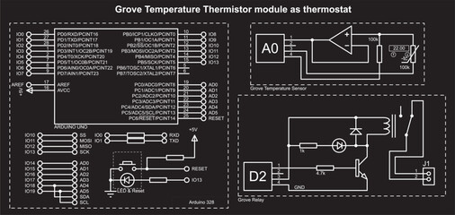 Vector schematic diagram of an electronic device on the arduino.
Grove temperature thermistor module as thermostat. 
Grove thermostat using temperature sensor and relay modules