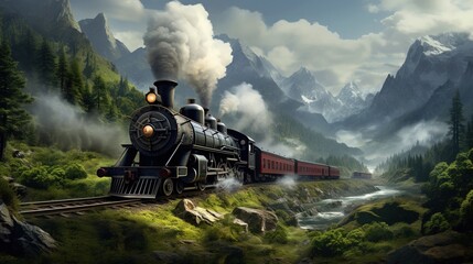  a painting of a train traveling through a mountainous area with mountains in the background.  generative ai