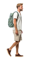 Isolated handsome young blonde man with a backpack walking. Summer holidays vacation, cutout on transparent background, ready for architectural visualisation.