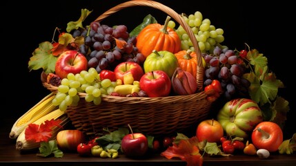 Obraz premium Bountiful Autumn Harvest: A Vibrant Basket Overflowing with Colorful Fruits and Vegetables, Illuminated by Warm and Gentle Lighting