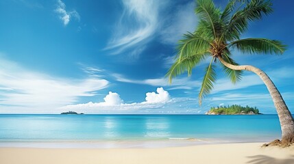  a palm tree on a beach with a blue sky and ocean in the background.  generative ai