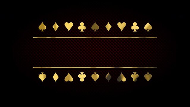 Luxury Gold Title Border Background. Black Abstract Text Banner. Blank Vip Backdrop With Golden Frame And Poker Card Suits. Copy Space For Grand Casino Royal Logo Or Title Text