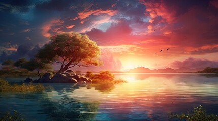 Fototapeta na wymiar a painting of a sunset over a lake with a tree. generative ai