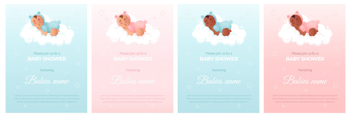 Baby shower party invitation set. Cute baby shower invitations in cartoon style with multicultural baby boy and baby girl sleeping on cloud.