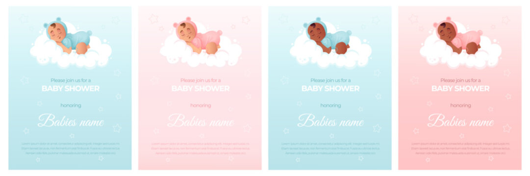 Baby shower party invitation set. Cute baby shower invitations in cartoon style with multicultural baby boy and baby girl sleeping on cloud.