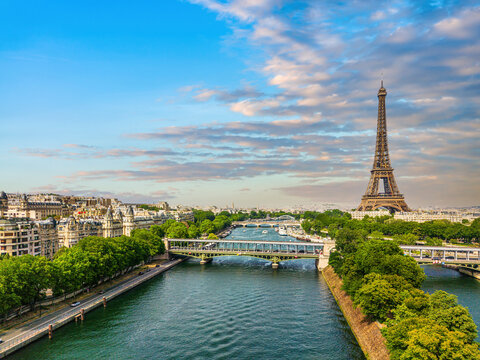 Paris aerial panorama with river Seine and Eiffel tower, France