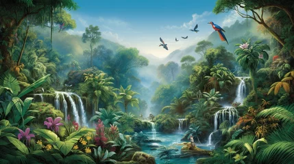 Fotobehang  a painting of a tropical scene with birds flying over a waterfall.  generative ai © Anna