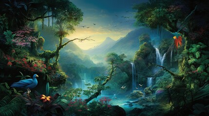 Fototapeta na wymiar a painting of a jungle scene with a bird and waterfall. generative ai