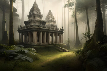 Ancient Ta Promh temple in the jungle, Cambodia. Digital painting.