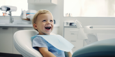 Smiling baby lying in dentist chair exposing white teeth. Creative banner with happy baby for pediatric dentistry. - obrazy, fototapety, plakaty