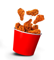 Hot Wings -Fried Chicken wings pieces fall into Bucket - large box on table in restaurant