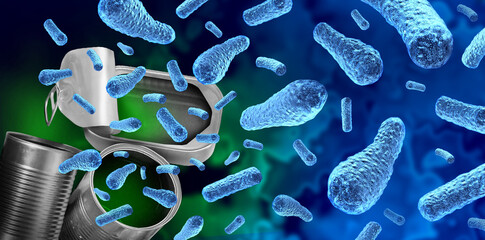 Botulism Bacteria food contamination as a severe illness caused by Clostridium botulinum bacteria producing paralytic toxins that lead to muscle weakness and paralysis - obrazy, fototapety, plakaty