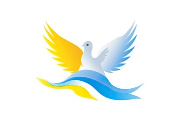 Dove as a symbol of peace, in the style of light blue and yellow on white background, Ukrainian conflict peace concept