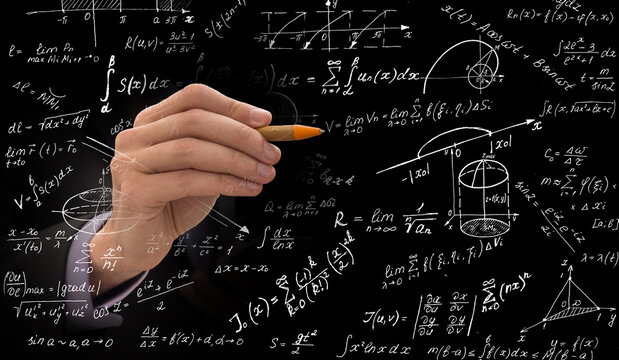 Male hand writing mathematical formulas on blurry background. Science and algebra concept. Double exposure