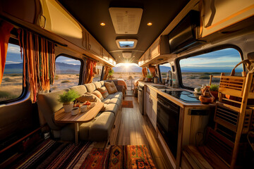 cozy interior of cute spacious rv. motorized recreational vehicle. autumn road adventure - 639396524