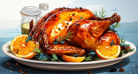
Roasted turkey with lemon and vegetables, cooked pheasant with golden fried crust. A traditional Thanksgiving dish in America. Protein high-calorie food - obrazy, fototapety, plakaty