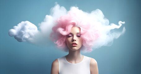 Fashion surreal Concept. Closeup portrait of stunning beautiful woman girl with pink sensual cotton candy hair like clouds. illuminated with dynamic composition and dramatic lighting - obrazy, fototapety, plakaty