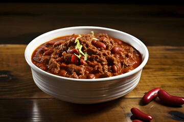 Chili, spicy stew with beans and meat