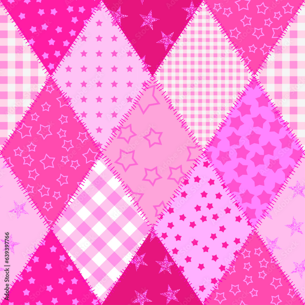 Poster Textille patchwork pattern. Pink pattern in Barbie style. Seamless Vector image.