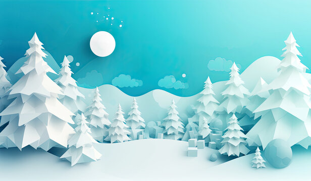 Merry Christmas or happy new year image in flat style with snow and trees, in the style of paper cut
