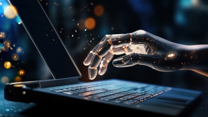 Robot hand opening up a laptop, futuristic design, on dark background