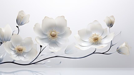  a group of white flowers on a white background with a silver stem.  generative ai