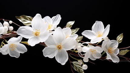  a branch with white flowers and leaves on a black background.  generative ai