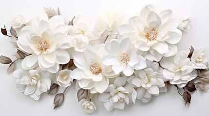  a group of white flowers with leaves on a white background.  generative ai