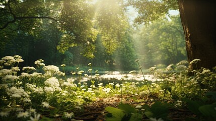  the sun shines through the trees and flowers in the forest.  generative ai