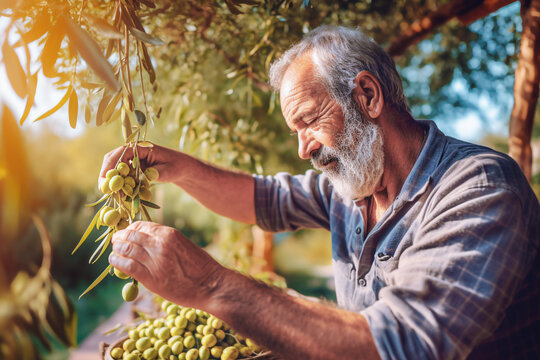 Defocused Portrait of senior man harvesting olives in olive tree garden.