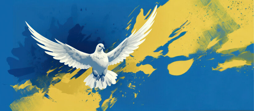 White pigeon as symbol of peace, with spread wings over blue and yellow background, as a Ukrainian flag color, embodies freedom and peace