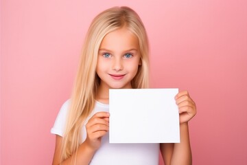 Naklejka premium young girl holds up white card for mock up on pastel colored background