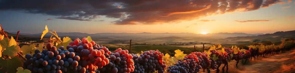 Ripe red grapes on vineyards in autumn harvest at sunset. Panorama of vineyard with red grapes at...