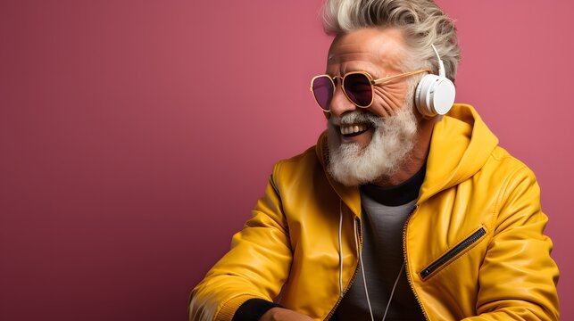 Happy Senior Man In Yellow Jacket And Sunglasses Listening Music With Headphones Isolated On Pink