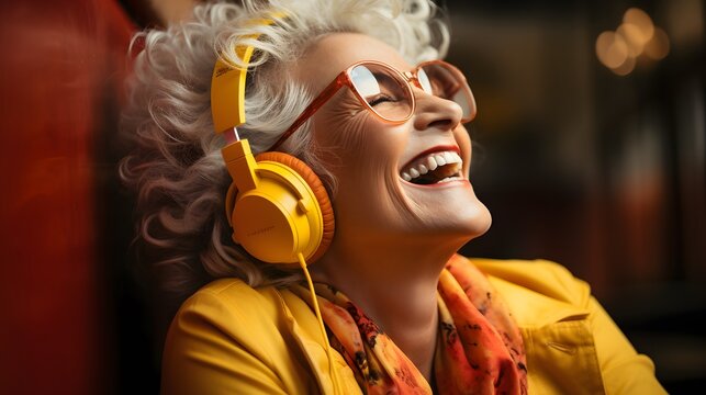 Happy and super excited elderly woman listening to music on her yellow headphones at home. Cheerful senior woman listening to music with headphones in cafe.