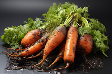 Textured Beauty in Decay: Rotten Carrots Tell a Tale.
Set against a pristine black backdrop, this high-quality image captures a striking juxtaposition—the gradual transformation of vibrant carrots.