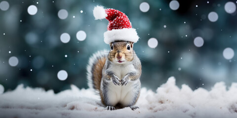Naklejka na ściany i meble Holiday Cheer: Adorable Squirrel Wearing Santa Claus Hat in Winter