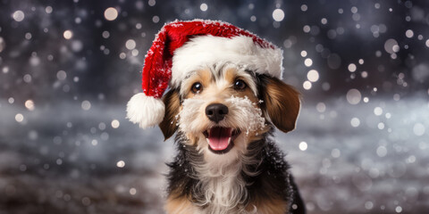Adorable Dog Wearing Santa Claus Hat Amidst Snow