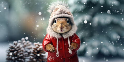 Festive Squirrel in Santa Hat Against Frosty Winter Backdrop
