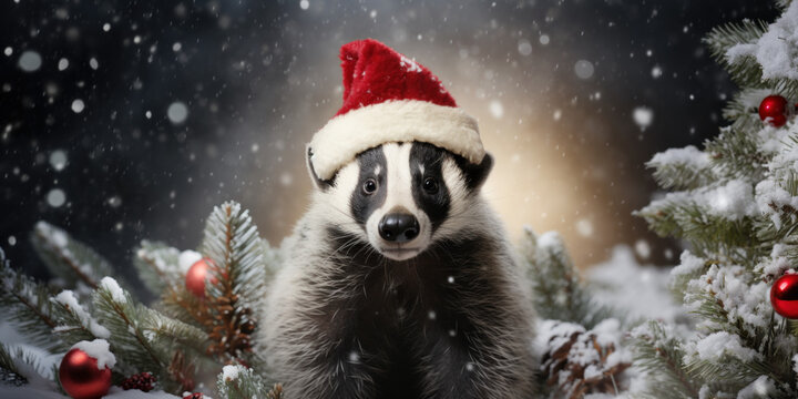 olly Holidays with Badger: Adorable Badger in Santa Hat on Frosty Background