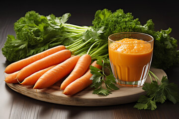 The central focus is a meticulously arranged glass of freshly squeezed carrot juice, exuding a golden-orange radiance. A symphony of vegetables rests beside it, forming a picturesque tableau of health