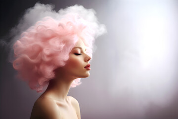 Fashion surreal Concept. Closeup portrait of stunning beautiful woman with pink sensual cotton candy hair like clouds surround by smoke. illuminated with dynamic composition and dramatic lighting