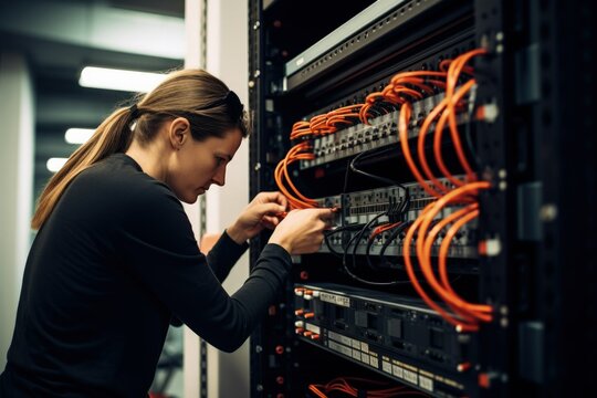 Woman installing router in datacenter