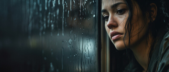 A young women looking through a rainy window with tears streaking down, concept of loneliness and depression - obrazy, fototapety, plakaty