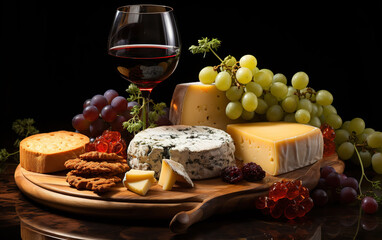 Wine, cheeses and grapes in a vintage setup. Created with Generative AI