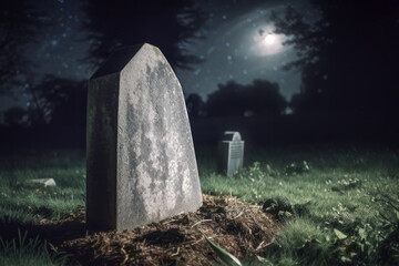 A blank gravestone rises from the lush grass of a cemetery at night, lit by a moonlight