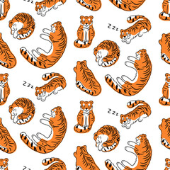 Sleeping tigers seamless pattern. Red cats lying in various poses, hand drawn abstract wild animals, funny doodle print. Vector illustration isolated on white background