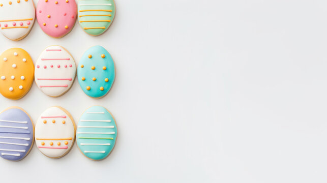 Colorful Easter eggs shaped sugar cookies on white copyspace background