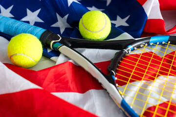 Tennis tournament: racket, balls and American flag, sports and competition concept 3D illustration