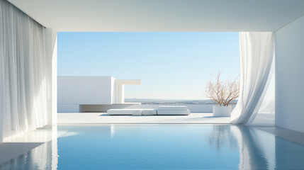 minimalism architecture white building with swimming pool made with generative AI